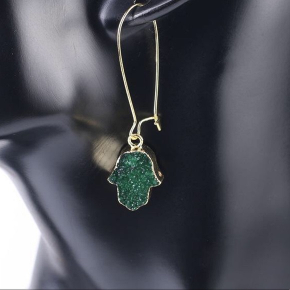 New Handmade Druzy Hamsa Hand Drop Earrings 💚 - Picture 5 of 12